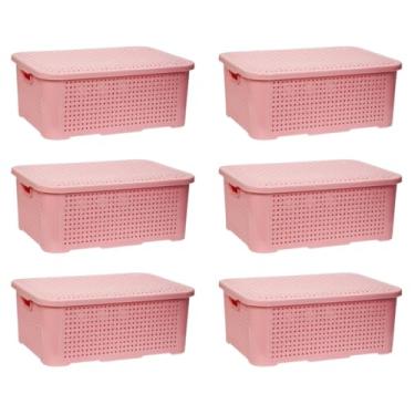 Imagem de Kit 06 Caixa Organizadora Rattan 10 Litros Empilhavel com tampa jogo Plástico.33cm×24.5cm×12.5cm.organizadores；caixas organizadoras plastico(ROSA)