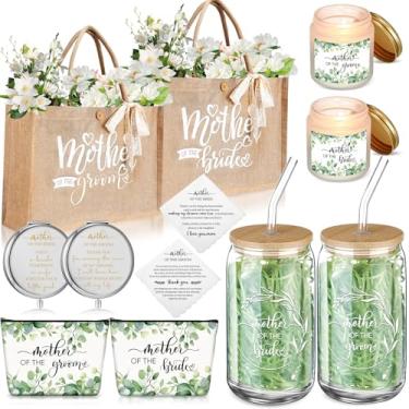 Imagem de Hushee 2 conjuntos de presentes para mãe da noiva e mãe do noivo inclui copos de vidro de 473 ml, sacolas de lona, bolsa cosmética, lenço de vela, para mãe, chá de panela, presentes de casamento