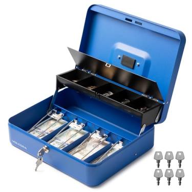 Imagem de Volcora SAFEGrande caixa de dinheiro com fechadura de chave, caixa de dinheiro de metal para dinheiro, cofre de bloqueio portátil com bandeja de dinheiro, organizador durável para economia de dinheiro