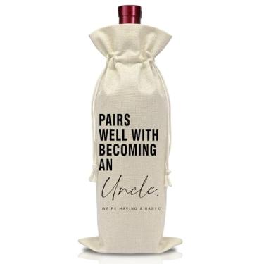 Imagem de AWSICE Presente para garrafa de vinho Uncle - Bolsa de presente de anúncio de bebê - Sacos de vinho reutilizáveis de estopa com cordão - Decorações de chá de planejamento de bebê - Ideias