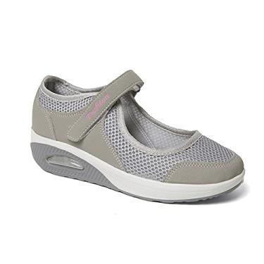 Imagem de YSMIIH Tênis feminino Walking Mary Jane Wedges confortável com gancho e laço para enfermeira casual, Cinza, 37