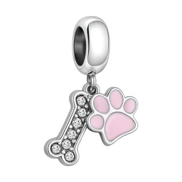 Imagem de BlingNuts Pingente de cachorro com osso I Love You Animal Pink Pawprint Charm compatível com pulseiras Pandora Charms para mulheres