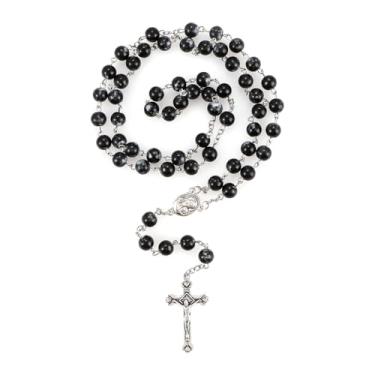 Imagem de Rosário católico para mulheres, colar feito à mão com imitação de rosário preto e branco, presentes de primeira comunhão, presentes cristãos de cruz de parede