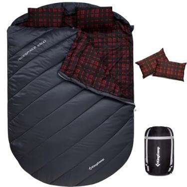 Imagem de KingCamp Saco de dormir duplo para adultos, saco de dormir de flanela tamanho Queen 2 pessoas, 2GG, leve, impermeável, com 2 travesseiros e saco de compressão para casais e família, cinza