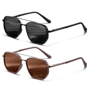 Imagem de KUGUAOK Óculos de sol aviador polarizados para mulheres e homens, moderno, proteção UV, sem emaranhados, óculos de sol vintage modernos, 2 peças - preto + marrom, One size fits all