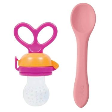 Imagem de Kit Chupeta para Frutas e Colher de Silicone Flexível Bebê +6m Introdução Alimentar Buba Rosa