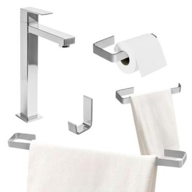 Imagem de Kit Acessórios Banheiro Cromado + Torneira Alta Aço Inox - Be Cazza