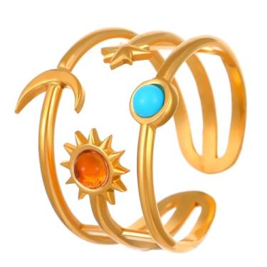 Imagem de BlingNook Anéis de ouro grossos para mulheres e homens, anel moderno de aço inoxidável boêmio com flor de sol empilhável, não mancha, pingente floral boêmio, joia aberta ajustável, presente para