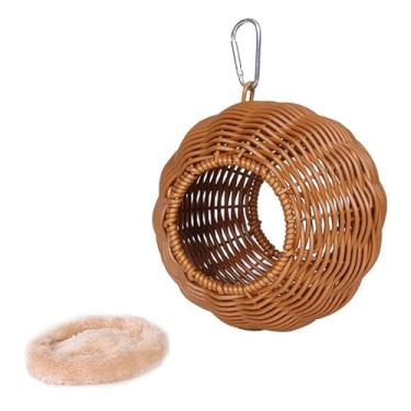 Imagem de ShengQuanHao de pássaro de vime sintético pendurado, cabana de feita à mão, rede respirável com almofada para reprodução de periquitos e tordos, Dois Buracos Cáqui