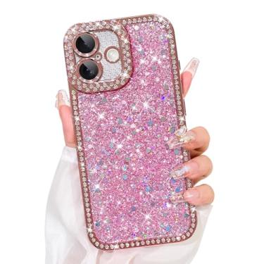 Imagem de Bonoma Capa com glitter para iPhone 17, luxuosa, brilhante, strass, brilhante, diamantes, galvanizada, para mulheres e meninas, capa protetora macia à prova de choque para iPhone 17, rosa