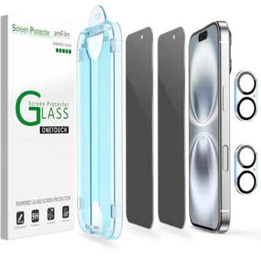 Imagem de amFilm Alinhamento automático OneTouch para iPhone 16 [6,1''] protetor de tela de privacidade, vidro temperado, instalação em 30 segundos, sem bolhas, compatível com capas, antiarranhões [2 unidades]