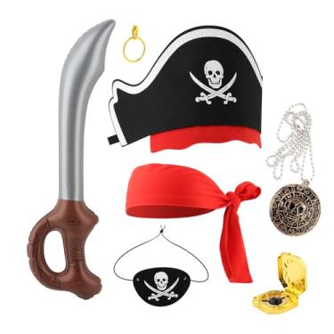 Imagem de MAYIT Conjunto de 7 peças de acessórios de fantasia de pirata – chapéu de capitão pirata, tapa-olho, colar e bússola, adereços de cosplay de Halloween para crianças e adultos, artigos de festa para