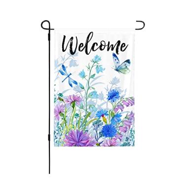 Imagem de Bandeira de jardim primavera verão com citação de boas-vindas flor azul borboleta libélula mini bandeira de jardim dupla face bandeiras de jardim rústico sinal de casa de fazenda para decoração de