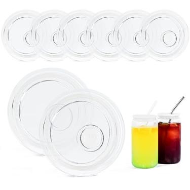 Imagem de FECBK Pacote com 8 tampas de acrílico para copos de vidro de 473 ml, tampas de substituição de copos de plástico, tampa de copo de vidro reutilizável à prova de derramamento para latas de cerveja