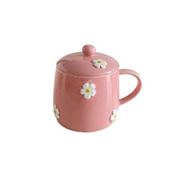 Imagem de Caneca de cerâmica xícara de chá doméstica xícara de leite coreana margarida pintada à mão com tampa copo pode ser colocada no micro-ondas caneca de café (cor: cinza)