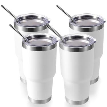 Imagem de Volhoply Copo térmico de 900 ml com tampa e canudo pacote com 4, canecas de café de viagem de parede dupla para bebidas quentes/frias, cabe em porta-copos de carro, sem BPA (branco, 4