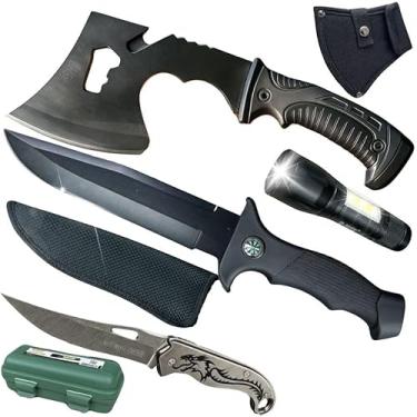Imagem de Kit Sobrevivência Tático Machado Militar Canivete Dragão Facão com Bússola Lanterna LED 100m Estojo Reforçado Aço Alta Resistência Aventura Camping Bushcraft Resgate Completo