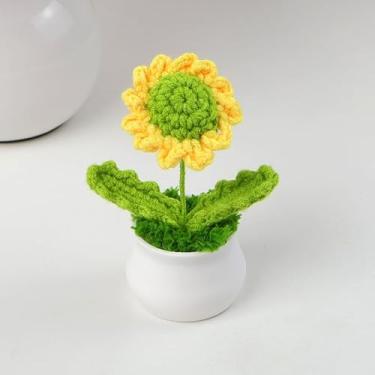 Imagem de Vaso de flores de crochê, feito à mão, de malha, adorável, decoração de suporte sentimental para amigos, professores, senhoras, colegas - estames verdes com bordas amarelas