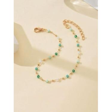 Imagem de Tornozeleiras com contas de cristal quadradas verdes banhadas a ouro, corrente multicolorida, com contas, boêmio, chique, verão, férias, praia, moda vintage, pulseira descalço no tornozelo na perna