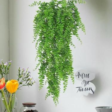 Imagem de Samambaia artificial resistente a UV 75 cm plantas falsas de plástico interior exterior parede casa casamentos pátios decoração pendurada (verde-1 peça)