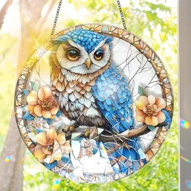 Imagem de Acrílico colorido Suncatcher, decoração para pendurar coruja com design de estilo vitral impresso, arte de parede de arco-íris, refrator de luz do sol, decoração de casa interna e externa com corrente