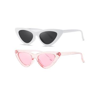 Imagem de (Pacote com 2) Óculos de sol retrô vintage estreito olho de gato para mulheres, armação de plástico, Branco/cinza + transparente/rosa