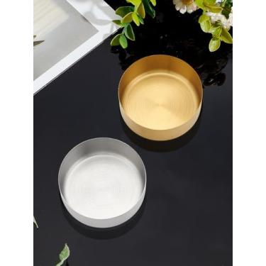 Imagem de Bandeja de joias com 2 peças, bandeja redonda de aço inoxidável, bandeja de enfeite de prata dourada para cosméticos, anéis, colares, brincos, organizador ou presentes de aniversário, 8 x 3 cm