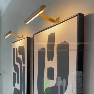 Imagem de Lâmpada de parede com bateria LED com controle remoto luzes de parede luz de imagem sem fio recarregável magnética iluminação de parede com interruptor lâmpada de espelho sala de estar quarto (dourado