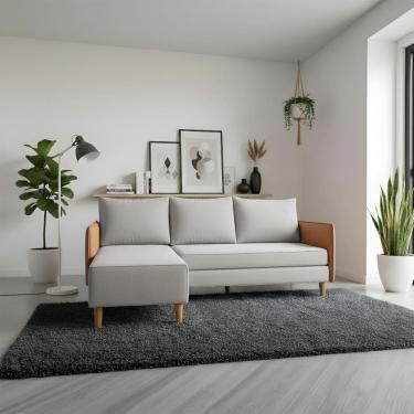 Imagem de Sofá Living Roma com Chaise 3 Lugares 1,90m Linho Cinza com Braço Corino Caramelo