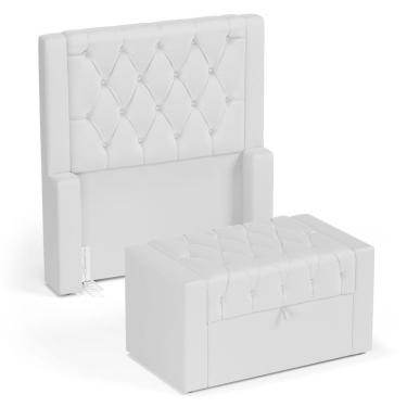 Imagem de Cabeceira E Calçadeira Báu Solteiro Atena 90cm Capitonê Sintético Branco - Desk Design