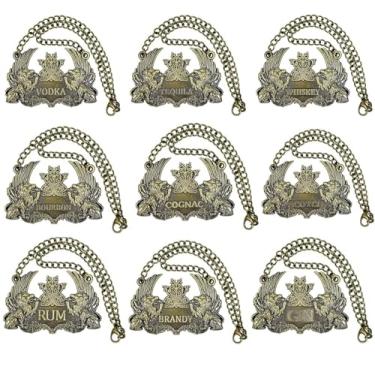 Imagem de Conjunto de 9 etiquetas de decantador de licor de cobre para garrafas ou decantadores, etiqueta de licor de uísque com corrente ajustável - uísque, bourbon, uísque, gin, rum, vodka, tequila e conhaque