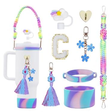 Imagem de Rabrgab Conjunto de acessórios para copos Stanley com inicial de 8 peças para 1,134 g, 850 g 590 g - Presentes para meninas adolescentes, copo de decoração com alça, enfeite de palha arco-íris