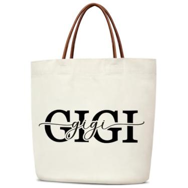 Imagem de mermermu Gigi Gifts Sacola de lona para mulheres, presente de aniversário de Natal para vovó, sacolas de compras de supermercado reutilizáveis estéticas com alças de couro, bolsa de ombro dobrável