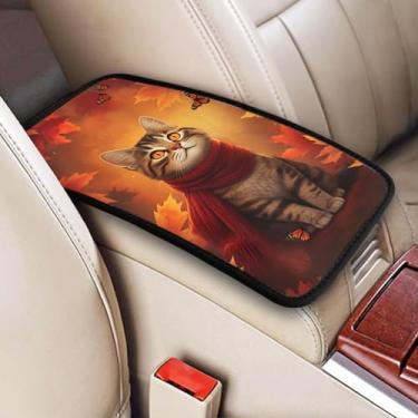 Imagem de indokyeyqaz Almofada universal para console central de carro, outono folha de bordo gato macio à prova d'água capa de console central de carro protetor de caixa de assento de braço para a maioria dos