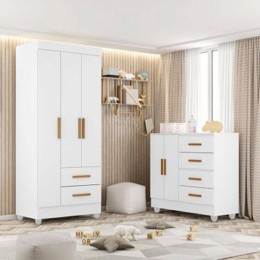 Imagem de Quarto Bebê Infantil com Guarda-Roupa 3 Portas e 2 Gavetas com Cômoda 4 Gavetas e 2 Portas Lite Branco