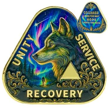 Imagem de Leafence Moeda de Sobriedade Lobo Medalhão de Recuperação AA Unity Service Recovery Chip Inspirational Sobriety Recovery Medalhões Alcoólicos Anônimos Token (Wolf Sobriety Coin, 0 Year (em branco))