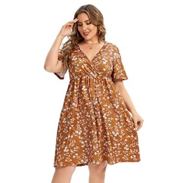 Imagem de ShopWonder Vestido plus size feminino decote em V evasê comprimento até o joelho vestidos rodados plus size evasê vestido de festa, Amarelo, 3G