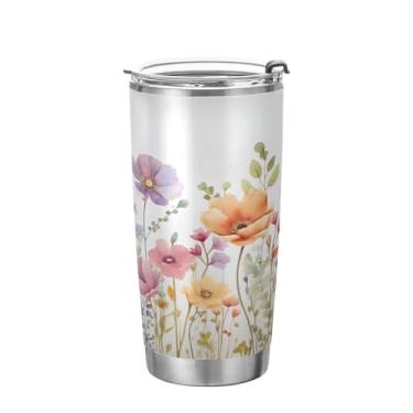 Imagem de xigua Copo de flores silvestres de jardim aquarela com tampa de palha, caneca de viagem a vácuo de parede dupla, caneca de café bem isolada, copo de aço inoxidável para bebidas quentes e frias, 600 ml