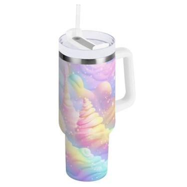 Imagem de Blueangle Copo isolado de 850 g com alça e tampa de canudo - Caneca de viagem de aço inoxidável à prova de vazamento, garrafa de água em espiral de sorvete arco-íris de parede dupla (57)