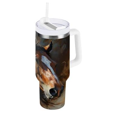 Imagem de xigua Copo Majestic Horse de 850 g com tampa e canudo, aço inoxidável de vácuo duplo isolado garrafa de água esportiva suporte de copo de café de viagem à prova de vazamento para bebida gelada