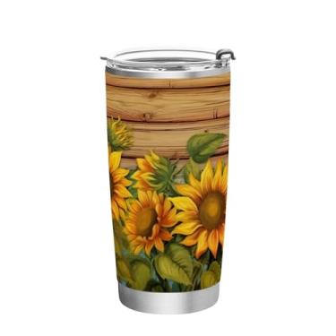 Imagem de Blueangle Copo de 590 ml com tampa e canudo, copo térmico de aço inoxidável isolado a vácuo, girassóis em placa de madeira, caneca térmica para bebidas quentes e frias (131)