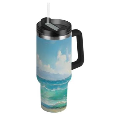 Imagem de Blueangle Copo de pintura a óleo do oceano tropical de 1,134 g com alça e tampa de palha, caneca de viagem de aço inoxidável isolada a vácuo de parede dupla, garrafa de água reutilizável para academia