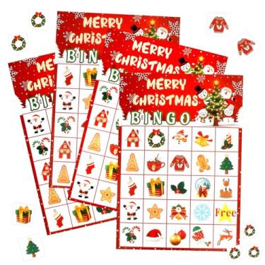 Imagem de RHOttbiy Cartas de jogo de bingo de Natal, 24 jogadores, cartões de bingo de Natal para adultos, suprimentos de jogos de festa de inverno para amigos da família, atividades em grupo, decorações de