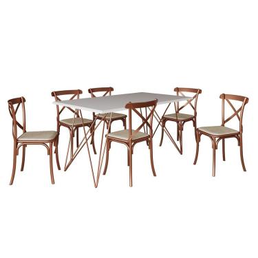 Imagem de Mesa De Jantar Industrial Com 6 Cadeiras Cobre Premium Cobre E Branco 150 Cm - Marrom