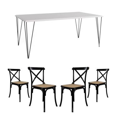 Imagem de Jogo De Mesa Elen Retangular Tampo De Madeira 150X90Cm Branco Com 4 Cadeiras Katrina Pretoo B