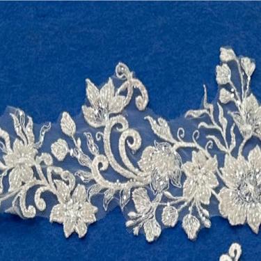 Imagem de Acabamento de renda bordado de 2 jardas com lantejoulas e contas, fita de aplique de renda floral para vestidos de noiva, vestidos, chapéus, artesanato de costura DIY (padrão H)