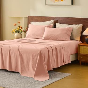 Imagem de MEISHANG Lençóis 100% Linho Queen Size – Conjunto de 6 peças respiráveis com bolsos extra profundos para 45 a 61 cm, linho macio e durável, naturalmente refrescante e absorve umidade (vermelho claro)