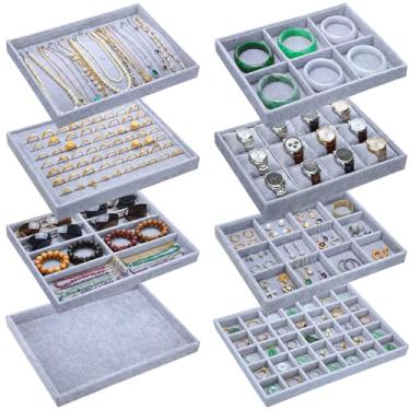 Imagem de Tondiamo Conjunto de bandeja organizadora de joias empilhável 8 em 1 para gavetas, pingentes de gaveta de joias de veludo cinza, bandeja de armazenamento para brinco, colar, anéis, pulseira, óculos de