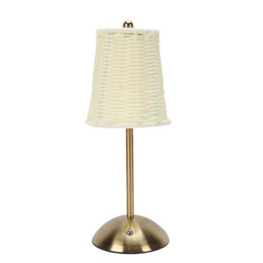 Imagem de Hyuduo LED de Lâmpada de Mesa Vintage de Vim -rattan Diminuto 3 Temperaturas de Cores Lâmpada Recarregável de Cabeceira Sem Fio para o Quarto do Quarto do Quarto (Abajur bege)