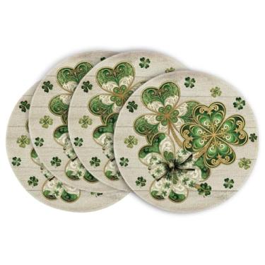 Imagem de Artoid Mode Cloisonne Cloisonne Clover Jogo americano redondo do dia de São Patrício, conjunto de 4, tapetes de mesa sazonais de trevos de primavera para decoração de cozinha e jantar